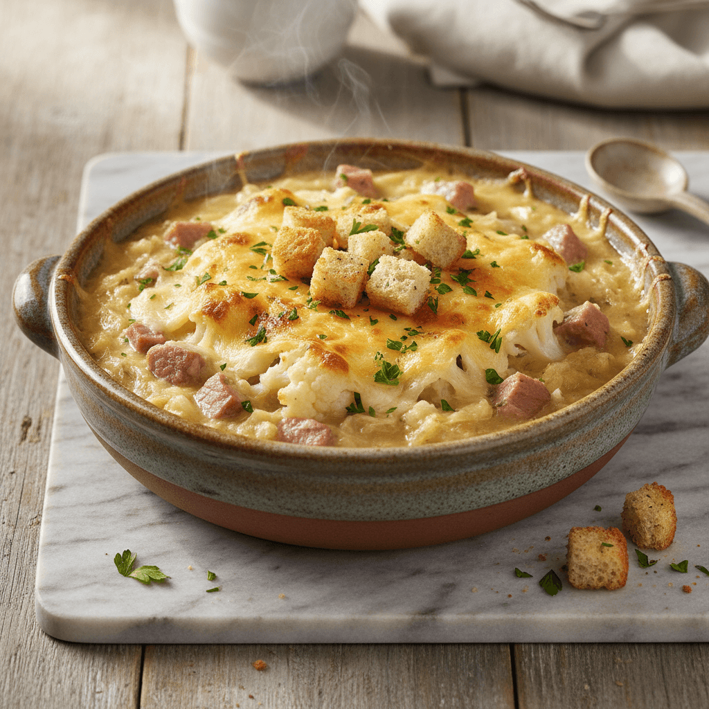 Polnischer Kassler-Weißkohl-Eintopf mit Blumenkohl-Emmentaler-Haube und Petersilien-Croutons - Thermomix Rezept